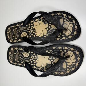 Farm Rio x Havaianas flip flops black tropical print sandals size 7/8 boho beach